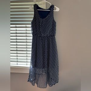 Espresso, navy and white polkadot dress.